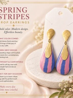 Gold Teardrop Earrings with Pink & Blue Stripes